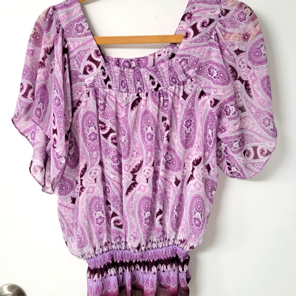 Mudd Sheer Purple Paisley Short Sleeve Peplum Blouse Size Medium